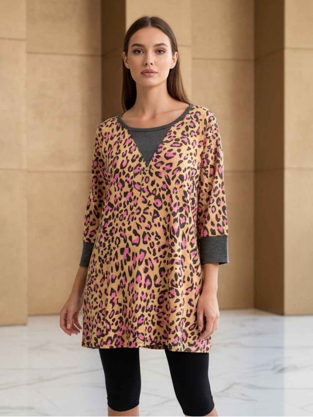 Dear Scarlett Marigold Pink Leopard Print Tunic Dark Gray Accents 3/4 Sleeve